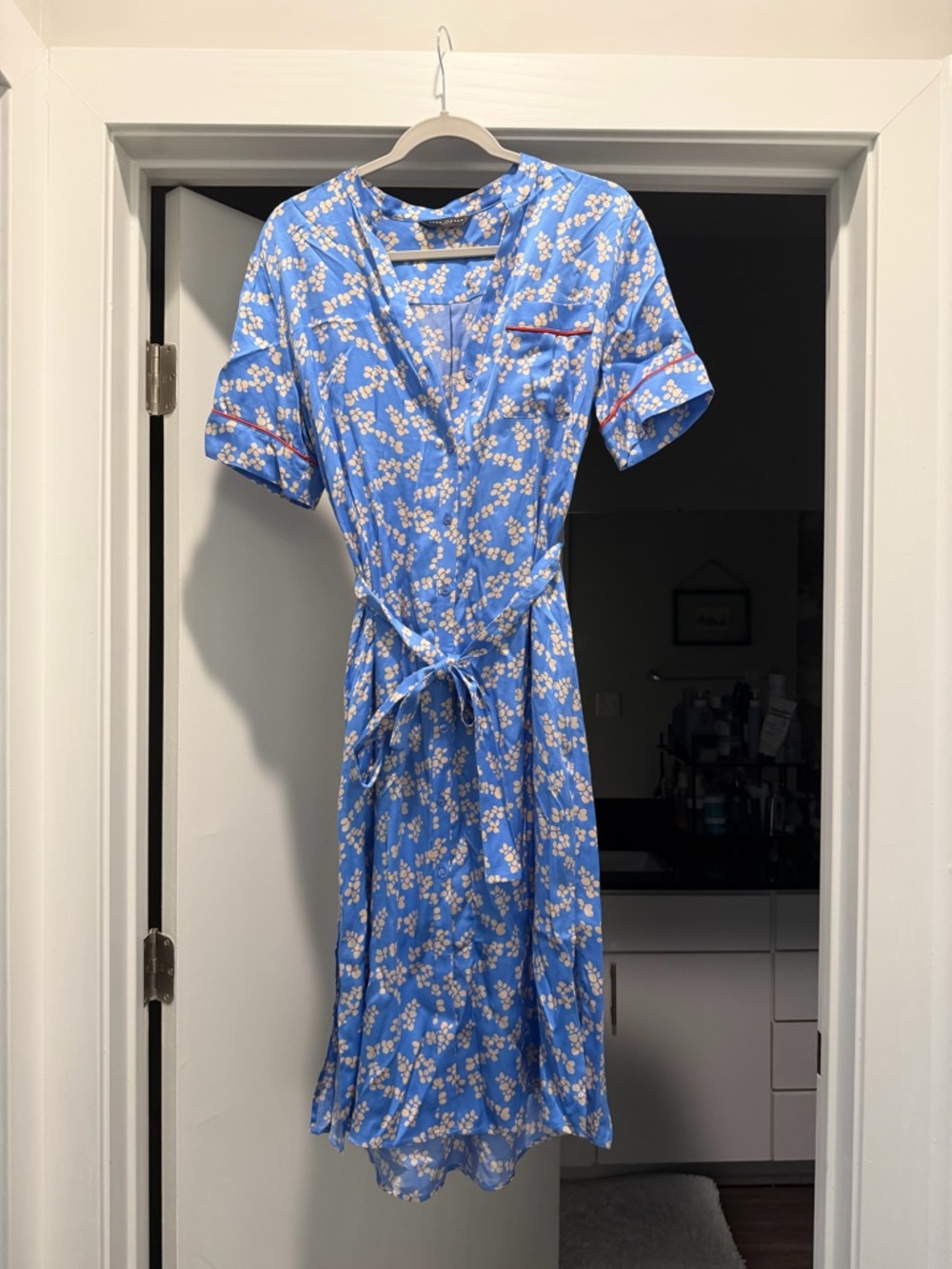 Tara Jarmon Blue Floral Wrap Midi Dress with Tie